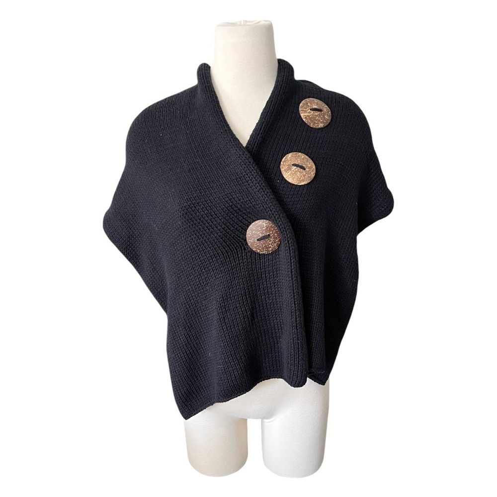 Pure Handknit Shawl Wrap OS Black Cotton Chunky Knit Button Capelet Poncho
